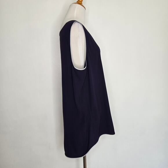 Eileen Fisher Silk Georgette Crepe Blouse Navy Salt Lake Piped Women Large - Picture 3 of 12